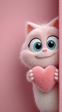 Un adorable gatito asoma por un borde rosa, sosteniendo un coraz&oacute;n de peluche.