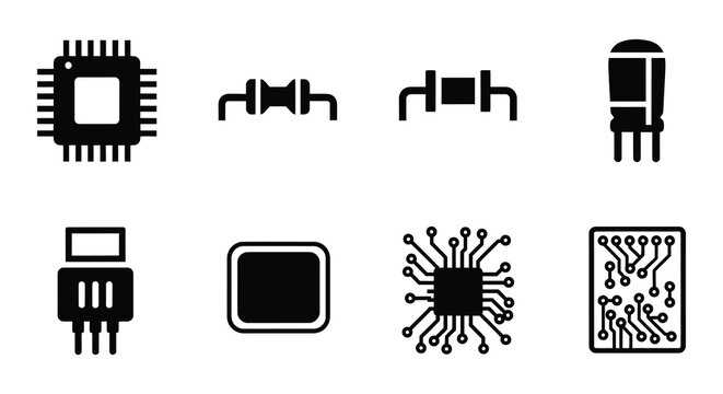 Collection of various black and white microchip and circuit board icons displayed