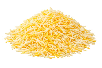Obraz premium Shredded cheese blend creating a pile of grated cheddar and mozzarella, ready as a dairy food ingredient with transparent background