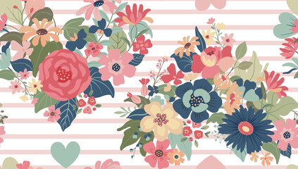 Modern vector floral seamless pattern. A colorful endless pattern of flowers and plants in heart shape. Romantic design