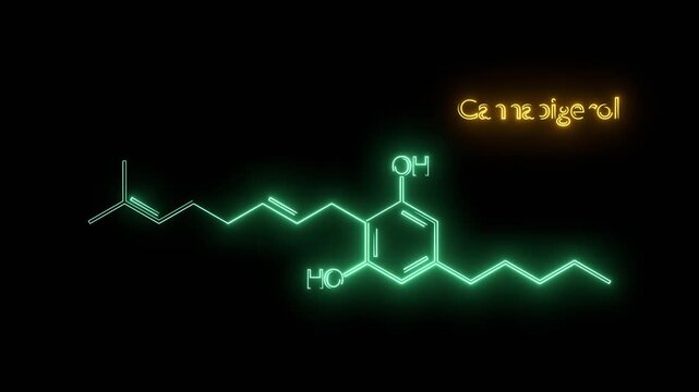 Cannabigerol or CBG molecular structural chemical formula. Futuristic science backdrop. Pharmacology concept. Neon glowing.