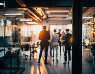 Soft blurred after-work office party with warm lights, colleagues socializing and relaxed corporate atmosphere. Ideal for team-building, workplace culture and informal professional events.