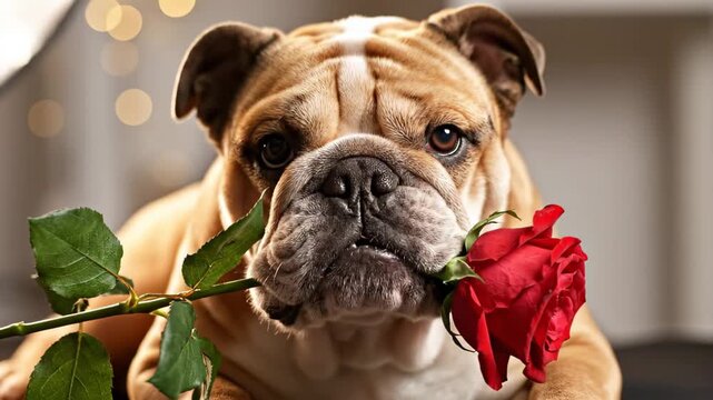 Cute English Bulldog holding a red rose in its mouth 4K Video