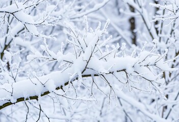 Heavy snow blankets delicate, frost-covered branches, creating a winter wonderland,  winter wonderland,  snowy branches