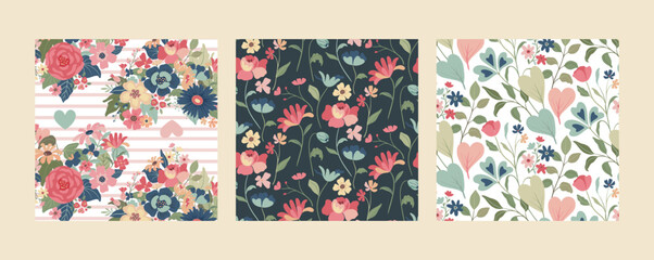 Set of three vector floral seamless patterns. A colorful endless pattern of flowers and plants. A Romantic collection