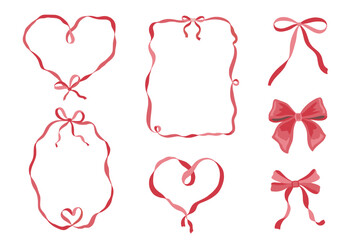 Red heart frames with bow and ribbons in vintage coquette girly style. Cupid with frame in shape of heart-shaped lace pillow. Hand-drawn line borders for Valentine s Day cards, Wedding invitations