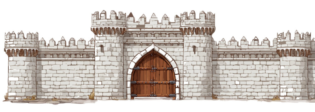 Ilustra&ccedil;&atilde;o vetorial de port&atilde;o de castelo medieval com muralha de pedra e ameias, isolado em fundo transparente.