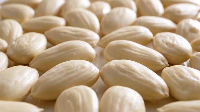 Close-up of blanched almonds creates a pattern and texture-rich food scene