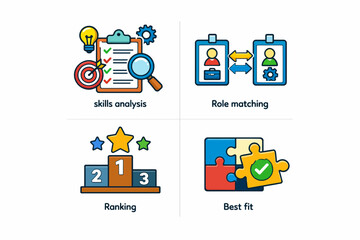 Skills analysis and role matching icons featuring ranking and best fit concepts
