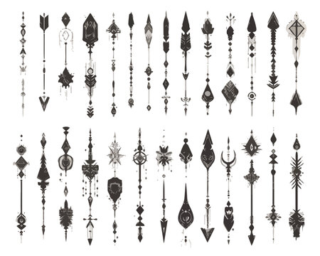 Colecci&oacute;n de flechas ornamentales tribales y s&iacute;mbolos esot&eacute;ricos dibujados en estilo de tatuaje lineal