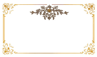 Cornice elegante dorata con ornamento floreale centrale, ideale per certificati o inviti su sfondo trasparente.