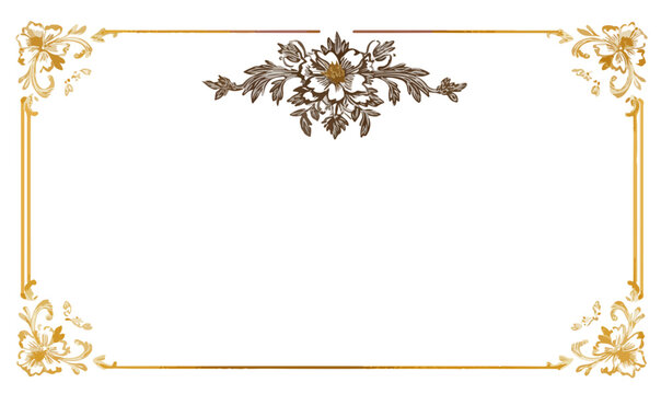 Cornice elegante dorata con ornamento floreale centrale, ideale per certificati o inviti su sfondo trasparente.