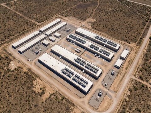 Aerial view of a large data center campus in Texas, featuring multiple long server buildings arranged in a secure, organized layout within a dry, rural landscape.