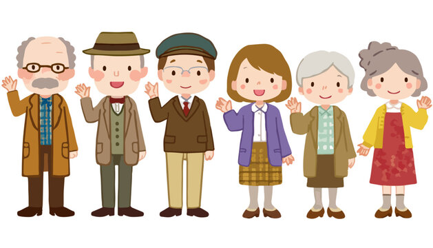 Gruppo di persone anziane sorridenti e salutanti, illustrazione vettoriale di stile cartone animato su sfondo trasparente.