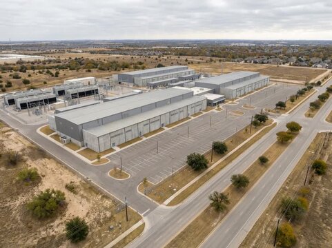 An aerial perspective of a modern Texas data center with multiple interconnected server buildings and access roads, designed for high-capacity cloud operations.