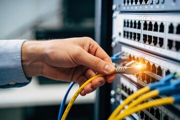 Pr&auml;zisionsarbeit in der IT: Techniker verbindet Glasfaserkabel mit Server-Einheit, Nahaufnahme von Konnektivit&auml;t und Hardware-Wartung