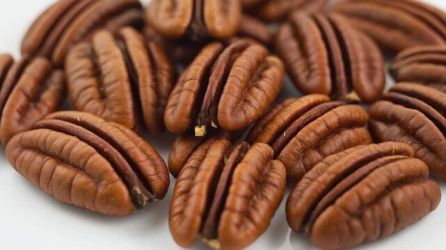 Close-up of fresh pecan nuts on a white background featuring food photography