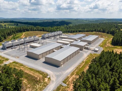 An expansive aerial view of a multi-building data center campus in Alabama, showcasing interconnected server halls set within a cleared, forested region.