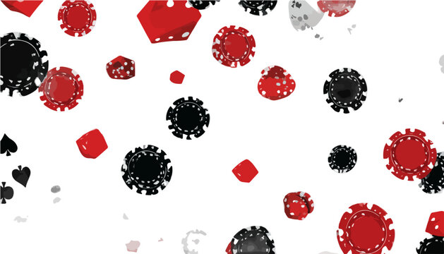 Fichas de p&oacute;ker rojas y negras cayendo con naipes sobre fondo blanco transparente, concepto de juego.
