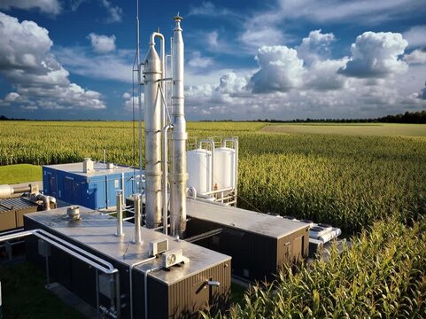 A carbon capture installation positioned next to agricultural fields, using tall processing towers to capture and manage carbon emissions in a sustainable setting.