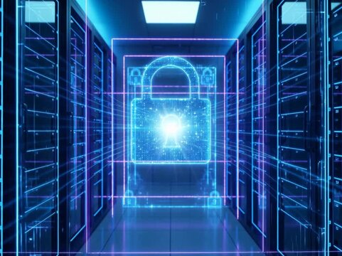 A glowing digital padlock displayed in a server room corridor, symbolizing zero trust security protecting critical data and infrastructure.