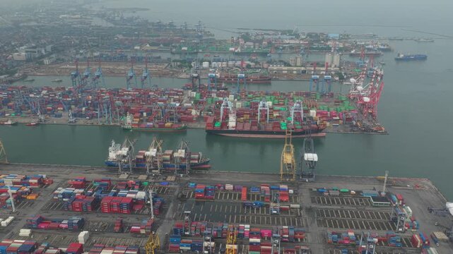 Straight-down view of industrial container storage area in Jakarta harbor