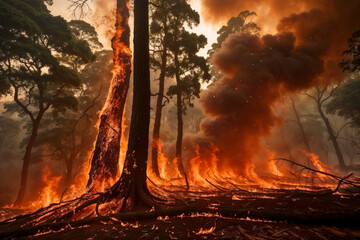 A forest fire is burning through a forest, with smoke and flames visible in the air. The scene is chaotic and dangerous, with trees and other vegetation being consumed by the flames