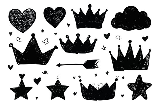 Conjunto de siluetas dibujadas a mano en negro de coronas, corazones, estrellas y una flecha sobre fondo blanco.