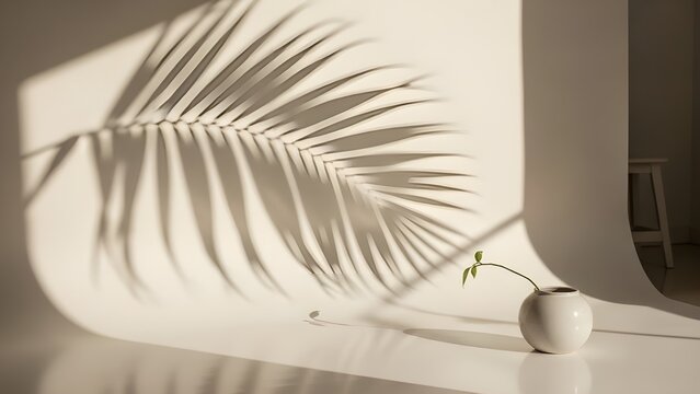 Sombra borrosa de hojas de palma en una pared de color crema claro.
 Hermoso fondo minimalista de primavera de verano para la presentaci&oacute;n del producto.