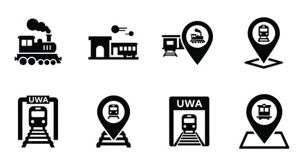 Black and white icons depicting trains stations and location pins © nurjahan