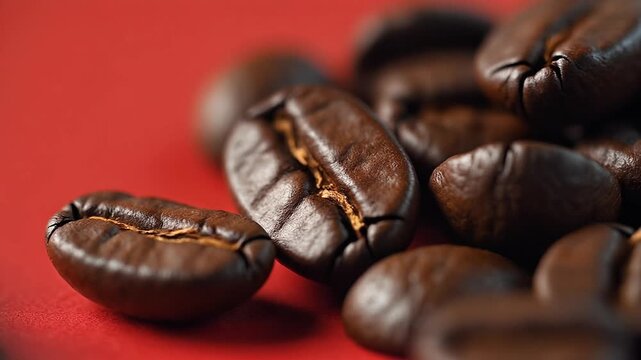 Close-up Shot of Freshly Roasted Coffee Beans on a Vibrant Red Surface