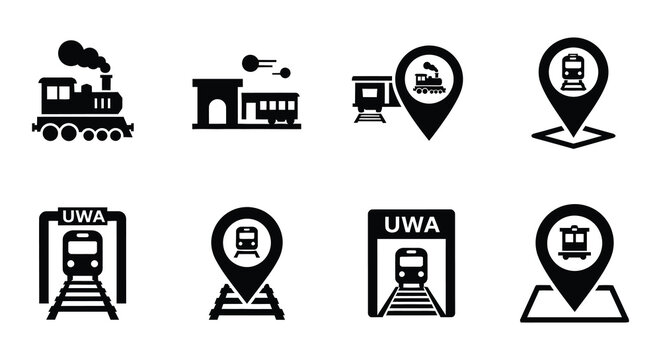 Black and white icons depicting trains stations and location pins