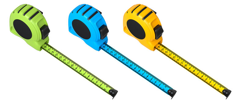 Set of measuring tapes in green, blue, and yellow with extended rulers, isolated on white background with clipping path