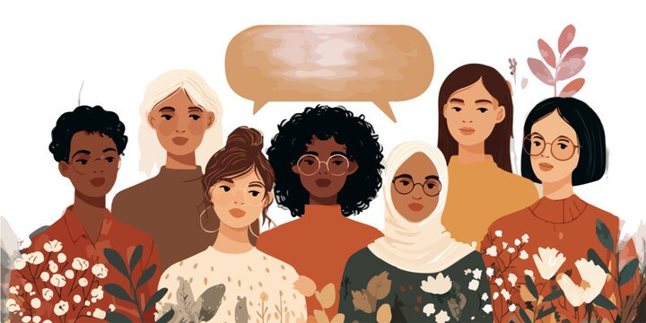 Grupo diverso de mulheres unidas com bal&atilde;o de fala em estilo ilustra&ccedil;&atilde;o moderna e cores terrosas.