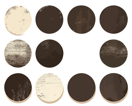 Collezione di dodici cerchi grunge e texture scure, elementi grafici vintage con sfondo trasparente.