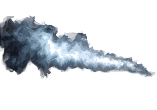 Chorro de humo oscuro y denso con destello azulado, efecto de explosi&oacute;n o niebla m&aacute;gica sobre fondo blanco.