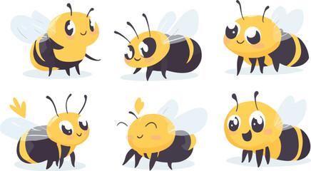 Fototapeta premium Set of funny cartoon bee and insect vector illustrations featuring a cute animal collection with smiling face icons and comic character art