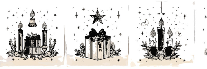 Obraz premium Illustrazione natalizia in bianco e nero con candele, regali incartati e decorazioni festive su sfondo trasparente.