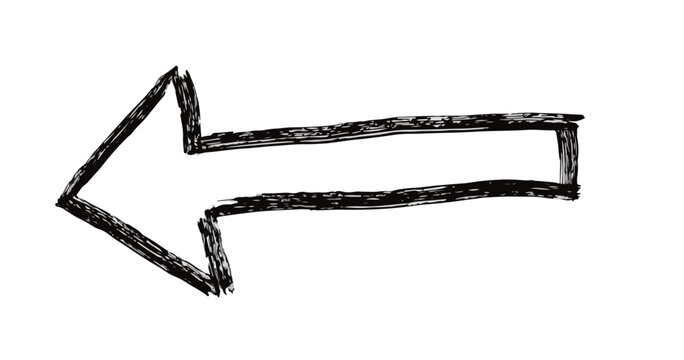 Freccia disegnata a mano libera in stile schizzo nero su sfondo bianco trasparente, indicazione sinistra.