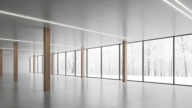 Dise&ntilde;o interior moderno con grandes ventanales con vistas al bosque invernal, con paneles de madera y paredes de hormig&oacute;n