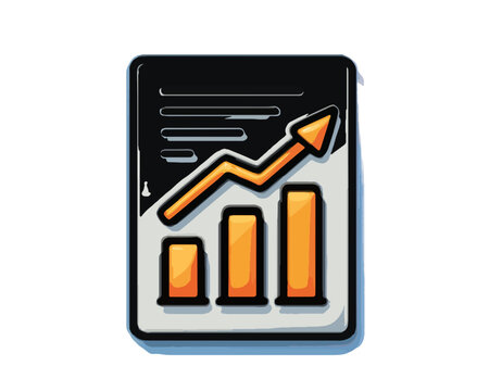 Icono de gr&aacute;fico de barras ascendente con flecha de crecimiento naranja sobre fondo transparente, estilo caricatura.
