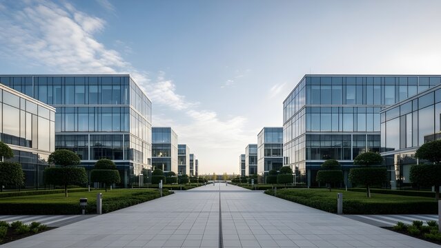 Los modernos edificios de oficinas cuentan con ventanas de vidrio y un dise&ntilde;o elegante en un parque industrial tecnol&oacute;gico.
 &Aacute;rboles verdes y arbustos se alinean en un amplio camino de hormig&oacute;n.
 Ciel
