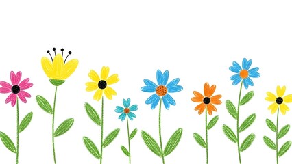 Fototapeta premium Flores de garabato para niños con textura de crayón, tiza o pastel. Pancarta floral panorámica de primavera. Ilustración vectorial de Pascua o verano sobre fondo blanco.
