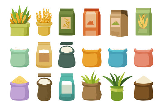 Illustrazione vettoriale di sacchi e contenitori vari contenenti cereali, farina e piante agricole su sfondo trasparente.