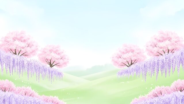 Ilustraci&oacute;n vectorial del paisaje primaveral con cerezos en plena floraci&oacute;n.
 Dise&ntilde;o para redes sociales, invitaci&oacute;n a fiestas, impresi&oacute;n, im&aacute;genes predise&ntilde;adas de marcos y publicidad y promoci&oacute;n empr