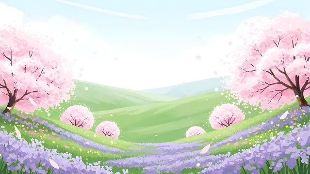 Ilustraci&oacute;n vectorial del paisaje primaveral con cerezos en plena floraci&oacute;n.
 Dise&ntilde;o para redes sociales, invitaci&oacute;n a fiestas, impresi&oacute;n, im&aacute;genes predise&ntilde;adas de marcos y publicidad y promoci&oacute;n empr