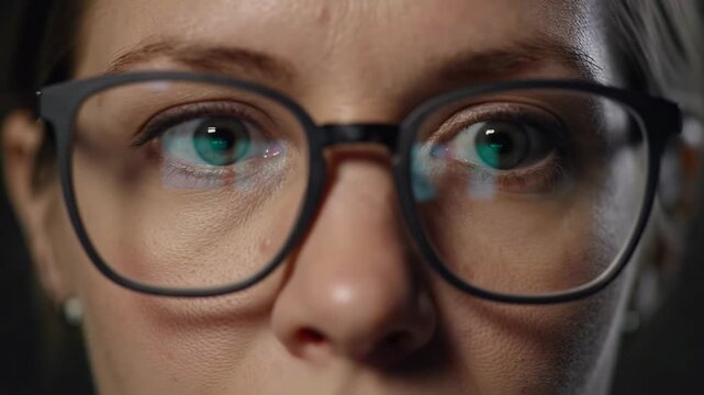An extreme close-up video of a young caucasian woman, mid-20s, intensely focused in black-rimmed glasses reflecting pulsating blue-green light, creating dramatic chiaroscuro. High-tech concentration