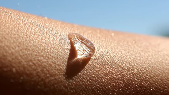 Close Up View of Clear Liquid Drop on Skin Arm Under Sunny Sky For Health Promotion and Skin Moisturizing Concept with