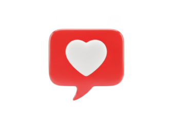 Red speech bubble with white heart icon, symbolizing love and appreciation, used in social media and online communication, isolated on transparent background