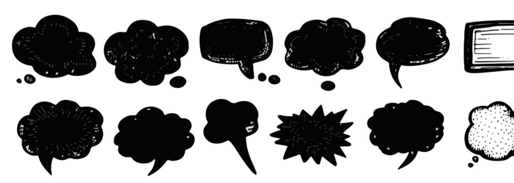 Illustrazione vettoriale di fumetti neri disegnati a mano, forme di dialogo e nuvolette di pensiero su sfondo bianco.